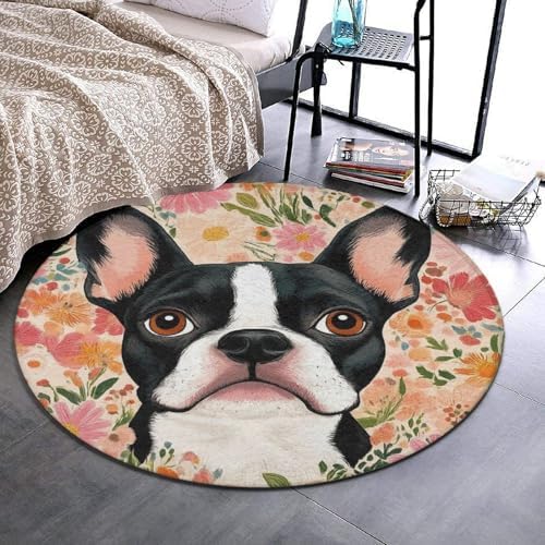 Room Sofa Yoga Soft Round Carpet, Home Decor Non Slip Kitchen Office Circle Rug, Machine Washable Modern Round Area Rug Boston Terrier Floral, 36inch