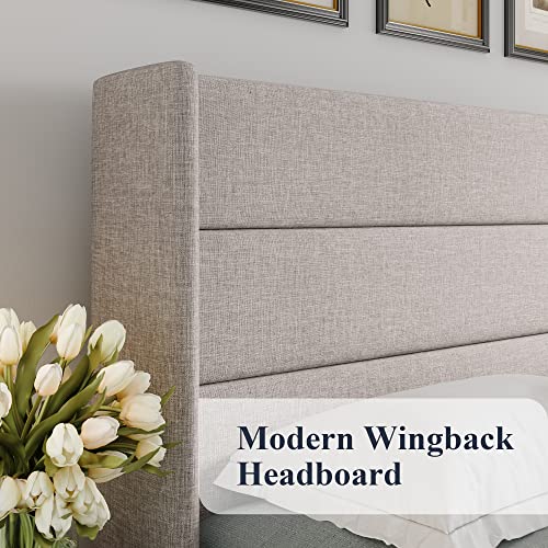 Queen Size Lift Up Storage Bed, Modern Wingback Headboard, Hydraulic Support, No Box Spring Needed, Light Beige