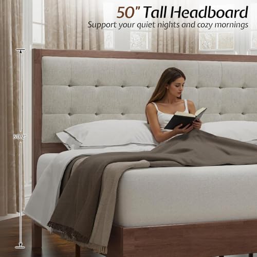 Queen Bed Frame Solid Wood,50" Tall Upholstered Headboard,Walnut