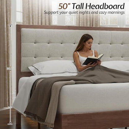 Queen Bed Frame Solid Wood,50" Tall Upholstered Headboard,Walnut