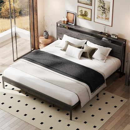 California King Bed Frames with 2-Tier Storage Shelf Headboard