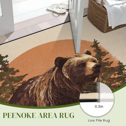 Serene Bear Standing Tall Pine Forest Warm Earth Tones Area Rug Outdoor Patio Rug Play Mat Modern Floor Carpet Non-Slip Home Decor Living Room Kids Bedroom Nursery, 9x12 ft