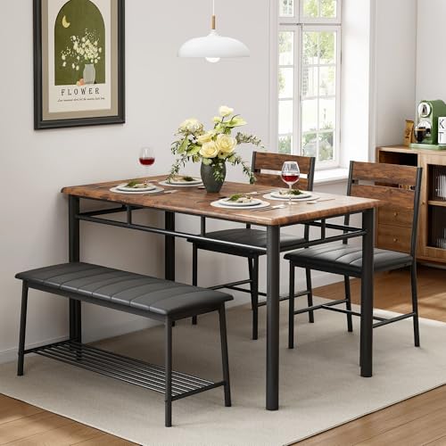 Dining Table Set for 4, Kitchen Table with Upholstered Bench and 2 Chairs, Kitchen Table and Chairs Set for Small Space, Apartment, Rustic Brown
