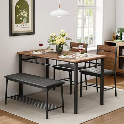 Dining Table Set for 4, Kitchen Table with Upholstered Bench and 2 Chairs, Kitchen Table and Chairs Set for Small Space, Apartment, Rustic Brown
