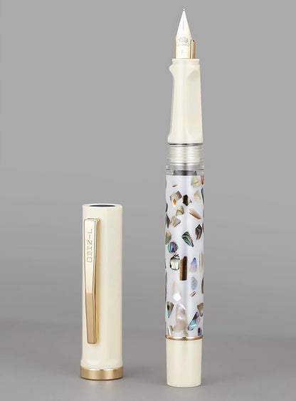 Jinhao 58 Fountain Pen - Natural Sea Shell Inlay Fine Nib Writing Pen with Ink Converter & Silver Metal Gift Box, Ivory White