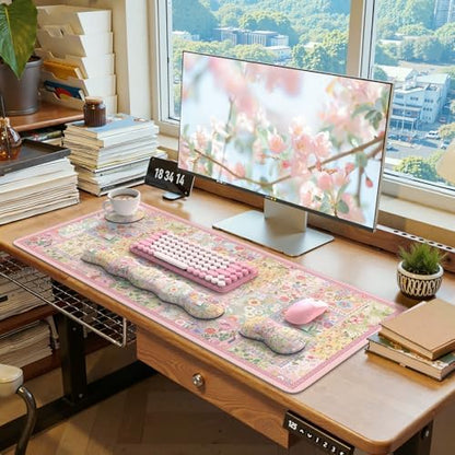 iLeadon Cute Floral Desk Mat Set, Non Slip Mouse Pad with Wrist Support