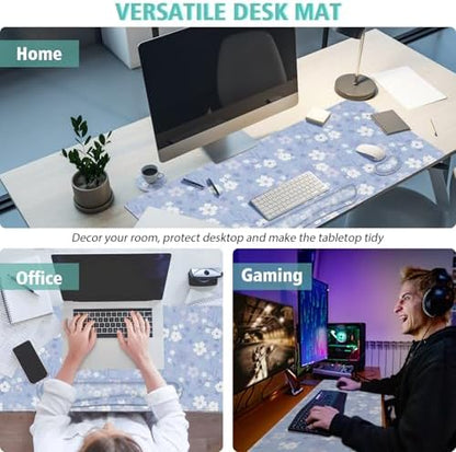 Large Mouse pad,4 in 1 Extended Keyboard Desk Mat with Wrist Rest,Non-Slip Desk Pad Protector Easy Typing Pain Relief for Home Office (Light Purple Flower)