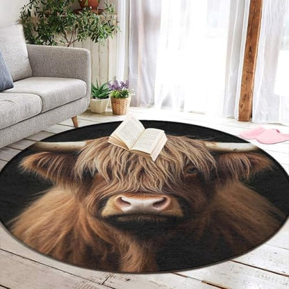 Soft Round Yoga Carpet, Large Home Decor Mat, Non Slip Machine Washable Kitchen Office Circle Rug Highland Cow
