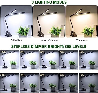 LED Reading Light with Clip, Desk Lamp 48 LEDs 2600mAh Battery USB Rechargeable Book Lights Stepless Adjustable Brightness Eye Protection Table Lamps for Bed Headboard, Home, Office - Black
