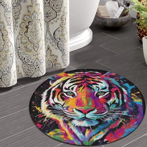 Machine Washable Modern Round Area Rug, Room Sofa Yoga Soft Round Carpet, Home Decor Non Slip Kitchen Office Circle Rug Colorful Splash Ink King of Tiger Art, 60inch