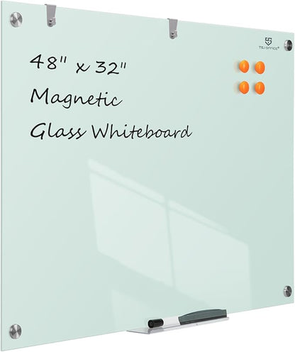 TSJ OFFICE Glass Dry-Erase Board - 48 x 32 Inches Wall Mounted Glass Magnetic Whiteboard, Large Frameless White Board for Office, Home & School