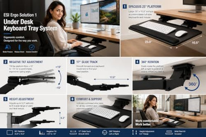 AA260 Articulating Arm PL003-25 Rectangular 25" Platform, Under Desk Ergonomic Keyboard Tray, Adjustable Height, Negative Tilt, 360° Rotation, 17" Glide Track, Keyboard and Mouse Platform, Wrist Rest