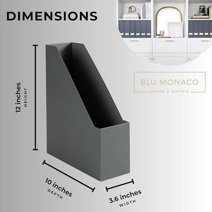 BLU MONACO | Set of 6 Foldable Grey Magazine File Holders with Gold Label Holders | Vertical File Organizer Boxes for Desk, Bookshelf & Home Office Storage