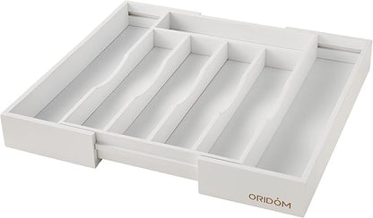 oridom Expandable Bamboo Kitchen Drawer Organizer for Cutlery and Utensils, Adjustable Bamboo Wood Cutlery Tray in Drawer for Flatware and Silverware in Kitchen, (White)