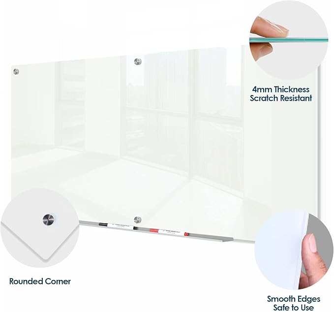 J&J worldwide Glass Dry Erase Board 6' x 3', Glass Whiteboard Magnetic, Large Frameless Glass White Boards for Walls, Includes Magnets, Marker Tray, Eraser for Office, Home, School