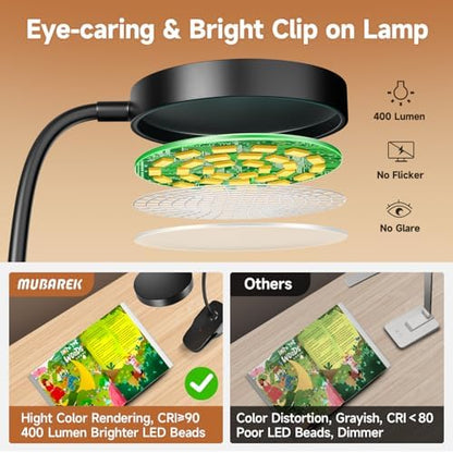Mubarek Clip on Lamp,5 Brightness+5 Color Clip on Light,200LM 36 LED Reading Lights for Books in Bed,1800mAh Battery Powered Lamp Battery Operated Lights,Rechargeable Desk Lamp with Clamp Light
