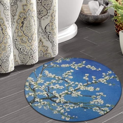 Home Decor Non Slip Kitchen Office Circle Rug, Machine Washable Modern Round Area Rug, Room Sofa Yoga Soft Round Carpet Beautiful Apricot Flower Blossom Art, 60inch