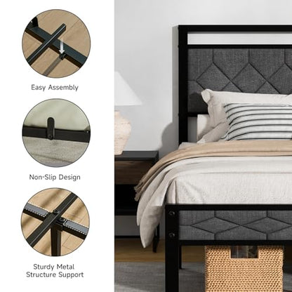Easy Assembly Upholstered Queen Bed Frame&Soft Padded Headboard