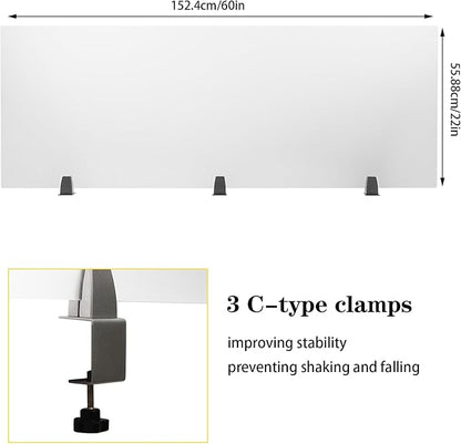 Acrylic Free Standing Screen, 60”W x 22”H Desk Divider Sound Absorbing Cubicle Desk Divider, Desk Privacy Panel and Privacy Shields for Student Desks, 3C-type clamps, on Desk Partition, Frosted