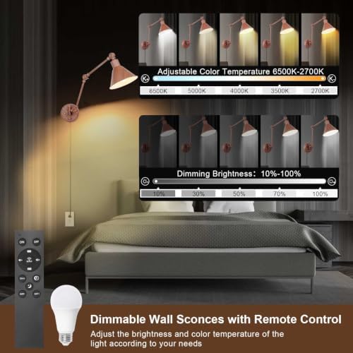 TRLIFE Dimmable Wall Sconce, Remote Control Plug in Wall Sconce Dimming 10%-100% and Adjustable Color Temperature 2700K-6000K, Swing Arm Wall Lights with Plug in Cord, UL Listed(2 Pack, Walnut Color)