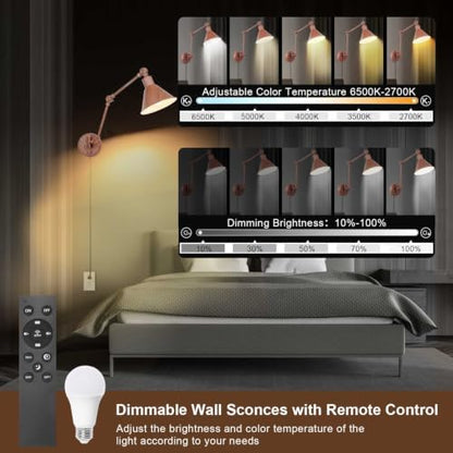 TRLIFE Dimmable Wall Sconce, Remote Control Plug in Wall Sconce Dimming 10%-100% and Adjustable Color Temperature 2700K-6000K, Swing Arm Wall Lights with Plug in Cord, UL Listed(2 Pack, Walnut Color)