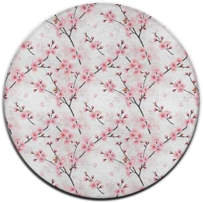 Large Home Decor Mat, Soft Round Yoga Carpet, Non Slip Machine Washable Home Office Circle Rug Cherry Flowers Blossom Japanese Art, 36inch