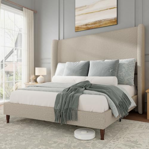 Queen Bed Frame Linen Upholstered Wingback Headboard, Brown