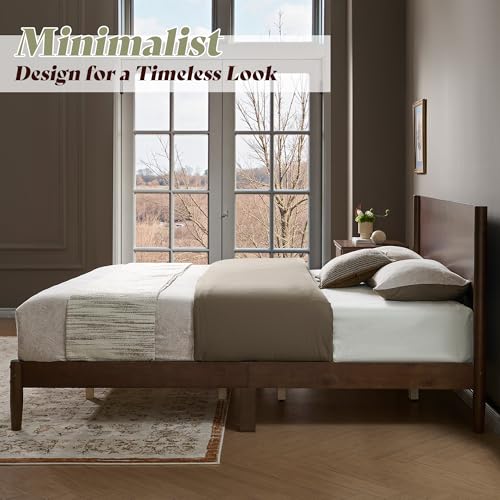 Solid Wood Queen Bed Frame, Mid Century Bed with Headboard, Walnut