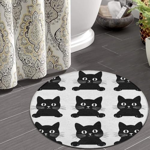 Large Machine Washable Circular Rugs, Home Decor Round Mat for Living Room Sofa Office Black Cat