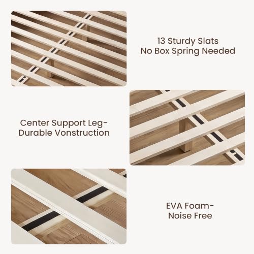 Queen Bed Frame, Upholstered Platform Bed Frame with Large Curved Headboard & 2 Floating Shelves, Noise-Free, No Box Spring Needed, Easy Assembly, Beige