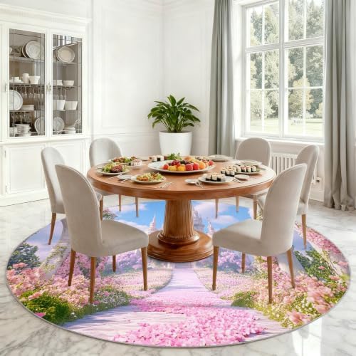 Princess Castle Round Area Rug - 3.3ft Floral Castle Round Rug for Kitchen, Dreamy Theme Circle Rugs Washable Soft Non-Slip Carpet for Bathroom Kitchen Decor Mat