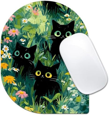 Contoured Oval Mouse Pad 6x8in Non-Slip for Laptop,Black Cats