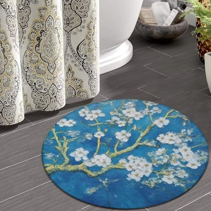 Machine Washable Modern Round Area Rug, Room Sofa Yoga Soft Round Carpet, Home Decor Non Slip Kitchen Office Circle Rug Beautiful Apricot Flower Blossom Art, 36inch