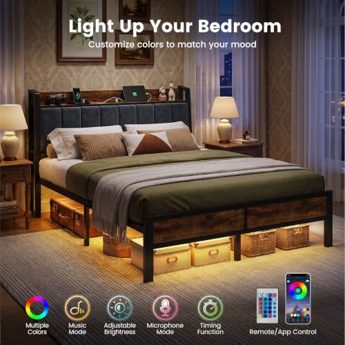 Queen Size Bed Frame with Storage Headboard, LED Lights