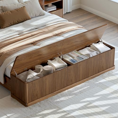 Fluted Walnut King Bed Frame with 51'' Headboard & Storage Bench