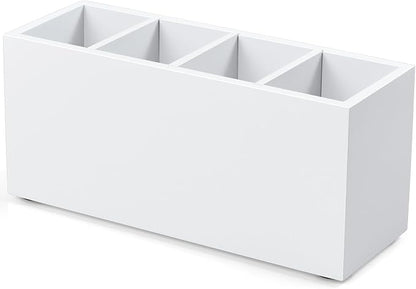 Bivvclaz Pencil Pen Holder for Desk, Wooden Office Desk Organizers and Accessories with 4 Slots for Countertop, Makeup Brush Holder Organizer for Bathroom Vanity, Silverware Caddy for Party, White