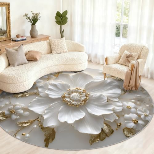 Floral Round Area Rug - 5ft Relief Floral Round Rug for Living Room, Modern Luxury Circle Rugs Washable Soft Non-Slip Carpet for Bathroom Bedside Sofa Coffee Table Decor Mat