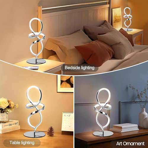 Modern Small Table Lamp with LED Spiral Design, 12W Chrome Nightstand Lamp