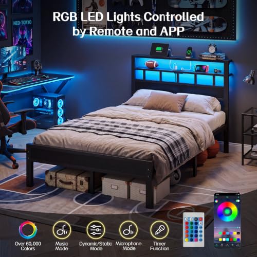 Full Size Bed Frame with Charging Station and LED