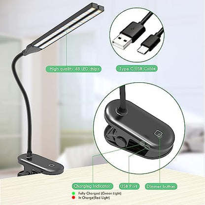 LED Reading Light with Clip, Desk Lamp 48 LEDs 2600mAh Battery USB Rechargeable Book Lights Stepless Adjustable Brightness Eye Protection Table Lamps for Bed Headboard, Home, Office - Black