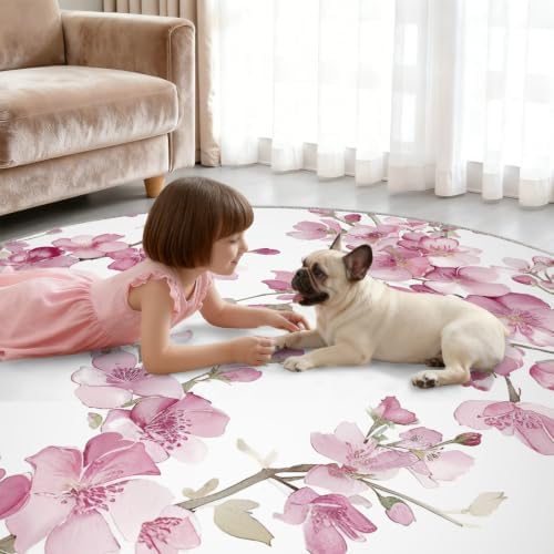 Floral Round Rug - 4ft Washable Abstract Floral Round Area Rug for Living Room, Modern Minimalist Circle Rugs Soft Non-Slip Carpet for Bedroom Kitchen Dining Table Decor Mat