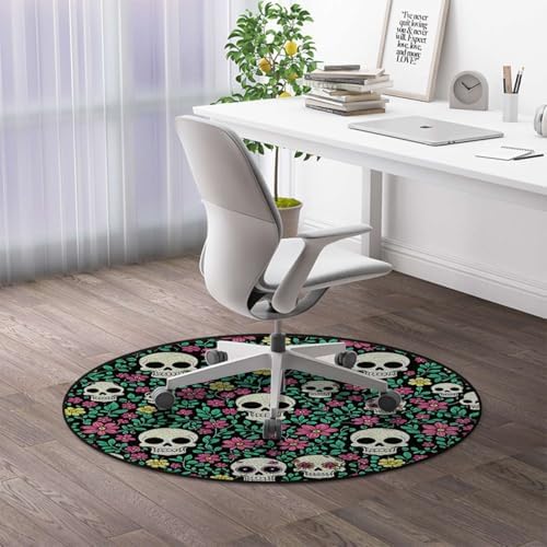 Dark Romantic Skull Round Gaming Chair Mat for Hardwood Floors, Gothic Nature Design Anti-Slip Office & Computer Desk Protector,Protect The Floor from Scratches, Green Diameter 59 in