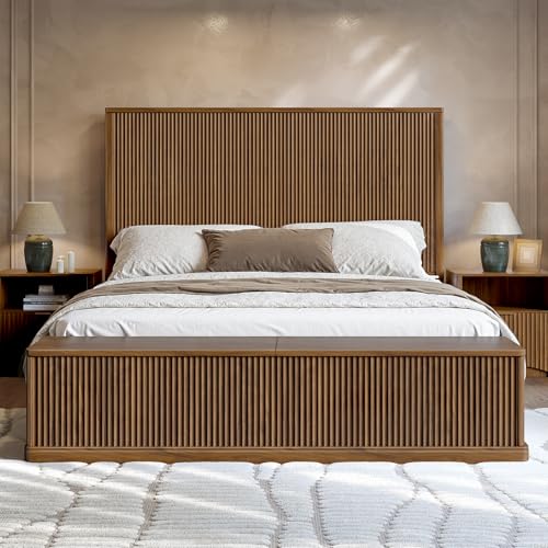 Fluted Walnut King Bed Frame with 51'' Headboard & Storage Bench