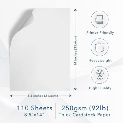 MOS White Legal Cardstock Paper 8.5 x 14 Inch (110 Sheets) — Heavyweight 250 GSM Cover Stock for Certificates, Menus, Legal Documents, Crafts, Printer Compatible