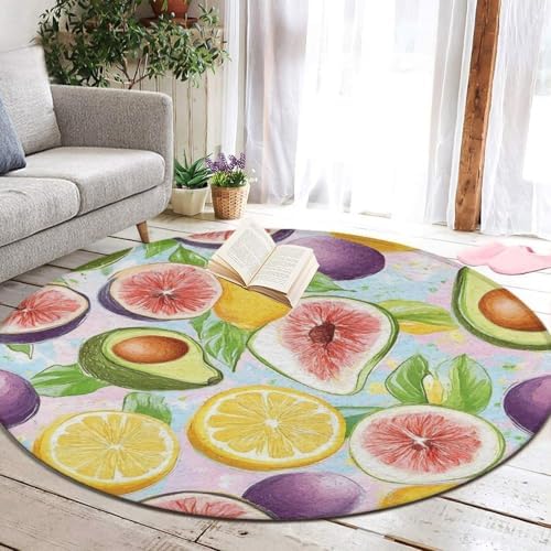 Room Sofa Yoga Soft Round Carpet, Home Decor Non Slip Kitchen Office Circle Rug, Machine Washable Modern Round Area Rug Different Fruits Summer Ornament Art, 24inch