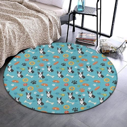 Soft Round Yoga Carpet, Large Home Decor Mat, Non Slip Machine Washable Kitchen Office Circle Rug Boston Terrier Dogs, 36inch