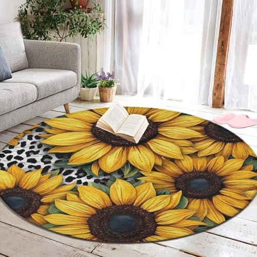 Large Round Area Rug Home Decor Modern Bathroom Rug Kitchen Office Circle Rug for Living Room Sofa Circle Cute Mat 80s Vintage Cow Print Sunflowers, 36inch