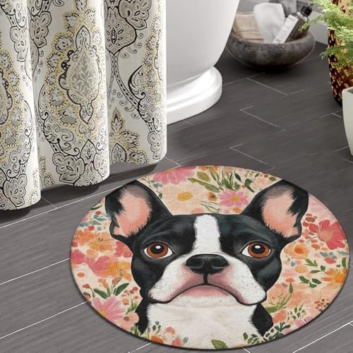 Room Sofa Yoga Soft Round Carpet, Home Decor Non Slip Kitchen Office Circle Rug, Machine Washable Modern Round Area Rug Boston Terrier Floral, 36inch