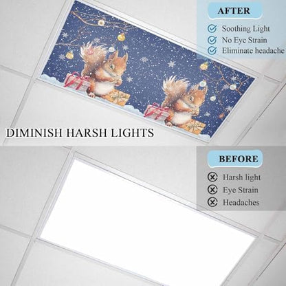 2 Pcs Fluorescent Light Covers for Ceiling Lights,Christmas Squirrel Winter Snowflake,Magnetic Light Filters Drop Fluorescent Lights Shade for Office Xmas Ball Dark Blue