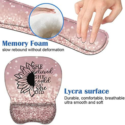 Mouse Pad Wrist Support and Keyboard Wrist Rest Set with Coasters, She Believed She Could So She Did Inspirational Quote with Non-Slip PU Base Ergonomic Mousepad for Home Office Working Studying